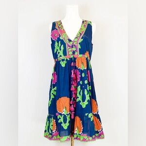 LA PLAGE Emily Short Dress Boho Carnation Orange Navy 100% Cotton EUC Size M